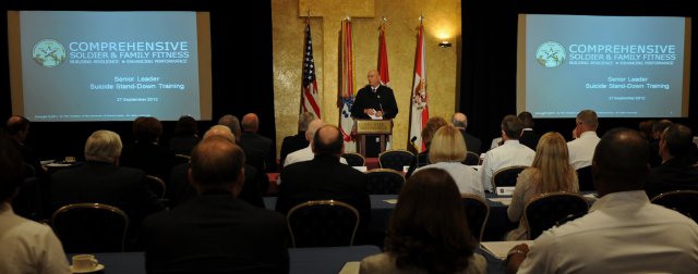 Army Chief of Staff Gen. Ray Odierno opens the senior leader suicide prevention stand down at Joint Base Myer-Henderson Hall, Va., Sept. 27, 2012. The chief stressed the importance of resiliency training in trying to solve the Army suicide problem which has claimed 237 Soldiers as of Sept. 26.
