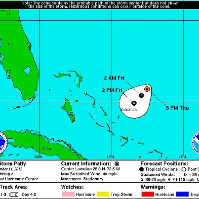 Photo: Tropical Storm Patty Named Near the Bahamas

Tropical Storm Patty is currently located about 225 miles northeast of the Central Bahamas. Sustained winds of 40mph have been reported with this system, which is currently stationary. This storm will begin to very slowly move off to the southwest tonight. Tropical Storm Patty is forecast to be a short lived system.

http://www.nhc.noaa.gov/graphics_at1.shtml?5-daynl#contents