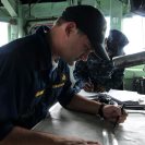 Photo: CARIBBEAN SEA (Oct. 16, 2012) - Lt. Juan Granja, an Argentinean naval officer assigned to U.S. Navy Destroyer Squadron Four Zero (DESRON 40), plots a course on a nautical chart while acting as officer of the deck in the pilothouse aboard the Oliver Hazard Perry-class guided-missile frigate USS Underwood (FFG 36). Underwood is deployed to Central and South America and the Caribbean in support of Operation Martillo and U.S. 4th Fleet’s mission, Southern Seas 2012. (U.S. Navy photo by Mass Communication Specialist 3rd Class Frank J. Pikul/Released) USS Underwood   (FFG 36)