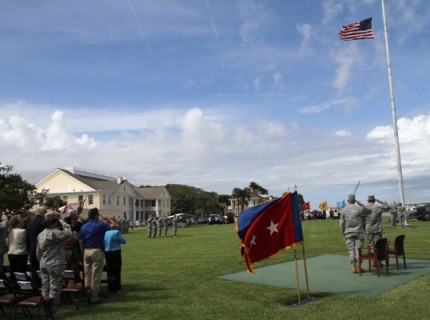 Soldiers and Airmen from the Floirda National Guard conduct a retreat ceremony at St. Francis Barracks in St. Augustine, Fla., Sept. 14, 2012, in honor of the 447th anniversary of the 'first muster' of militia in the continental United States.