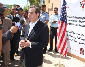 U.S. Ambassador to Jordan Stuart Jones talking to journalists during the inauguration the USAID-supported Northern Governorates Water System.