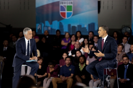 President Barack Obama with moderator Jorge Ramos at a Town Hall Meeting Hosted by Univision
