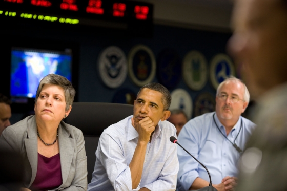 President Barack Obama visits the National Response Coordination Center at FEMA HQ
