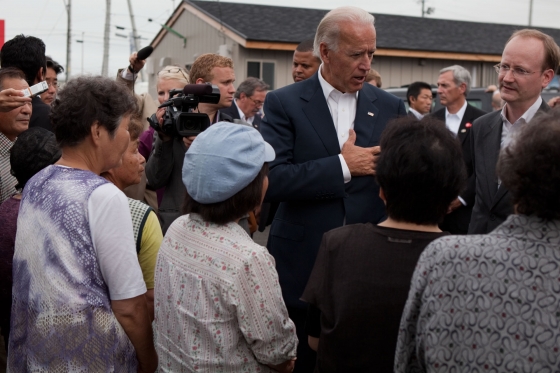 Vice President Joe Biden talks to Survivors of the Japanese Tsunami in Natori