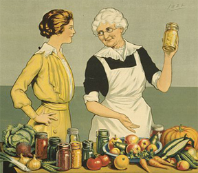 Color rendering of an grey haired woman holding up a jar of canned food and gesturing to a table of raw and canned foods.  She is smiling at a younger woman who seems to be paying careful attention.