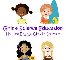 Graphic: colorful drawing of 4 young girls  with "Girls & Science Education: How to Engage Girls in Science"