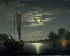 Painting of a boat on a body of water.  A full moon is shining among clouds in the sky and reflecting light on the water.