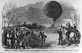 Drawing of civil war soldiers watching others holding onto a balloon with ropes.  Cannon, horsemen, and a man using a spyglass also in picture.