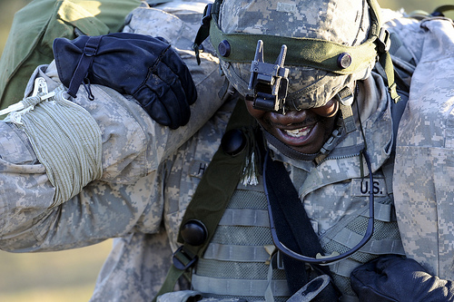 <p>U.S. Army Sgt. Dante Hawthorne, with Alpha Company, 407th Brigade Support Battalion, carries a simulated wounded Soldier during a field exercise at the Joint Readiness Training Center (JRTC), Fort Polk, La., Oct. 18, 2012. JRTC's 13-01 rotation was designed to prepare and educate U.S. Service members in a simulated combat environment. (DoD photo by Staff Sgt. Heather Cozad, U.S. Air Force/Released)</p>