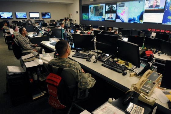 Personnel in the National Guard Command Center monitor Tropical Storm Isaac (August 29, 2012)