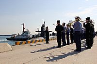 The Republic of Korea navy band performs during a ceremony welcoming the guided-missile submarine USS Ohio (SSGN 726) to Busan.