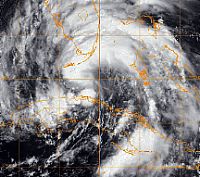 A GOES-13 infrared satellite image of Tropical Storm Isaac.