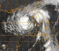 A GOES-13 infrared satellite image of Tropical Storm Isaac provided by the U.S. Naval Research Laboratory (NRL) in Monterey, Calif., shows the storm at 1:00 a.m. EST.