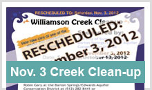 Williamson Creek Clean-up on Saturday, Oct. 13 from 9:30 to 12:00.