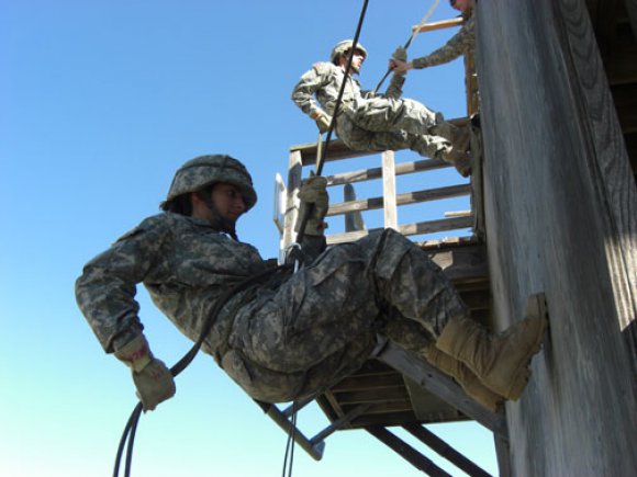 Cadet JoAnne Bistany of the University of Maryland ROTC battalion practices her rappelling skills on Fort A.P. Hill, Va., during a field exercise in October 2010.