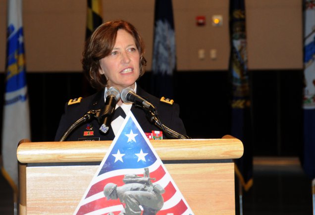 Lt. Gen. Patricia D. Horoho speaks to the crowd after getting her third star and being named 43rd Army surgeon general.