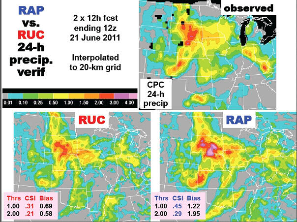 Figure 2. Rapid Refresh (or RAP, lower right) performed better than the older RUC model (lower left) in predicting severe weather conditions that occurred in the Midwest on June 21, 2011 (upper right).
