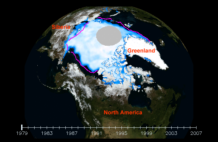 image of Arctic region showing sea ice, oceans, land masses