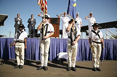 Members of the USS Constitution honor guard present colors before the dedication and ribbon cutting ceremony for the new Navy Operational Support Center (NOSC) Phoenix building at Luke Air Force Base. The new NOSC includes a 32,055 sq. ft. facility on a 1.85 acre site that will accommodate full-time command and administrative staff, a medical unit and more than 750 drilling reservists. Constitution Sailors supported Phoenix Navy Week, one of 15 Navy weeks planned across America for 2012. Navy weeks are designed to increase awareness in cities that do not have a significant Navy presence.  U.S. Navy photo by Senior Chief Mass Communication Specialist Gary Ward (Released)  120330-N-YM440-041