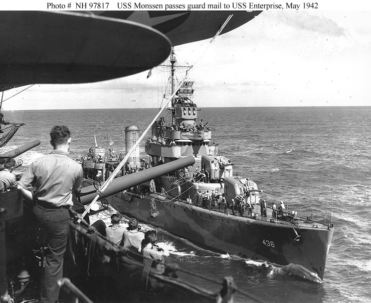 USS Monssen tranfering Guard Mail to USS Enterprise May 1942