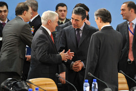 Meeting of the NATO-Georgia Council (NGC) Left to right: Robert Gates (US Secretary of Defense) talking with NATO Secretary General, Anders Fogh Rasmussen and Ambassador Claudio Bisogniero (Deputy Secretary General)