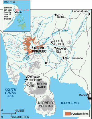 Map showing extent of pyroclastic flows from Mount Pinatubo