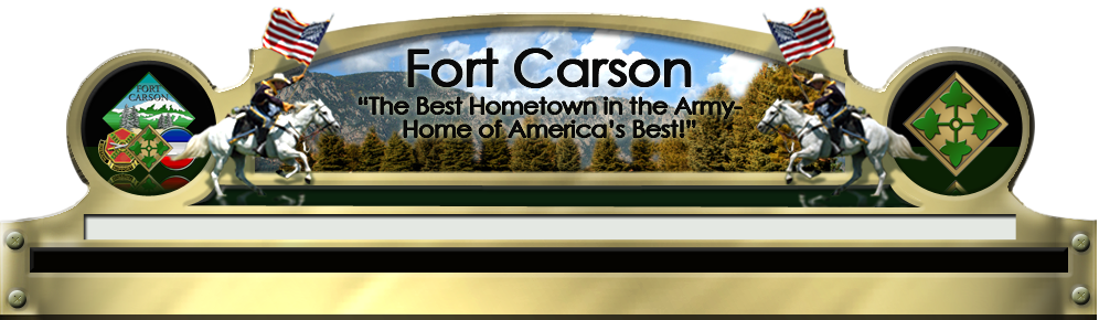 Image of Mountains and two cavarly soldiers carrying the American flag with the Fort Carson tagline in the foreground.