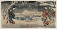 Ukiyo-e triptych print showing a snowy landscape with a woman brandishing a broom and a man holding an umbrella.