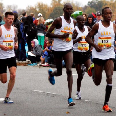 Photo: Four U.S. Army teammates lead the way near the 11-mile mark of Sunday's Marine Corps Marathon. Eventual winner Spc. Augustus Maiyo, right, is followed by Spc. Robert Cheseret, Spc. Joseph Chirlee (115) and Spc. Kyle Heath (110). More photos, video and race coverage later at www.stripes.com.