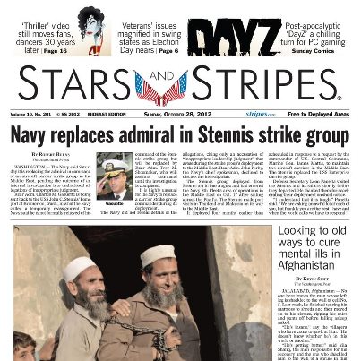 Photo: Sunday's Page 1: Afghans seek to cure mental illness through traditional methods; Admiral in command of USS Stennis strike group is replaced. More at www.stripes.com.