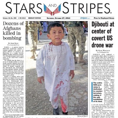 Photo: Saturday's Page 1: Djibouti's Camp Lemonnier is at the center of a covert U.S. drone war; suicide bombing at Afghan mosque kills dozens. More at www.stripes.com.