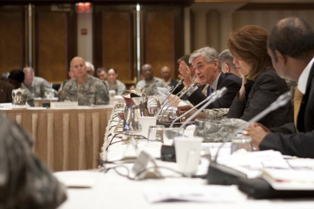 Secretary of the Army John McHugh makes a point during the General Officer Steering Committee meeting in Arlington, Va., Feb. 28, 2012, during the week of the Army Family Action Plan.