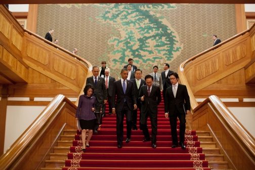 President Barack Obama And President Lee Myung-bak Walk Down The Grand Staircase