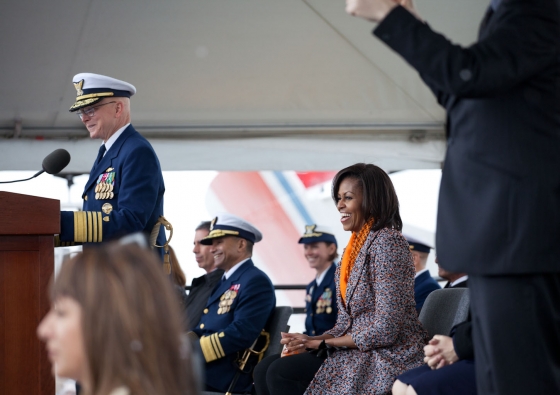 First Lady Michelle Obama at the ceremony to commission the U.S. Coast Guard Cutter Stratton (April 1, 2012)