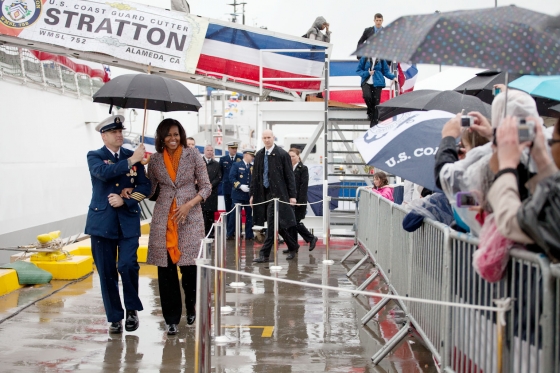 First Lady Michelle Obama arrives at the ceremony to commission the U.S. Coast Guard Cutter Stratton (April 1, 2012)