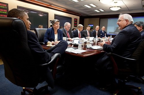 President Barack Obama participates in the 2012 hurricane preparedness briefing in the Situation Room