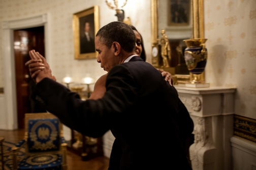 President Barack Obama dances with First Lady Michelle Obama in the Blue Room