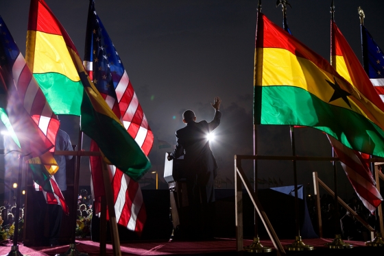 President Barack Obama speaks to the crowd at the departure ceremony at Accra airport
