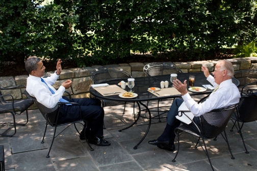 President Barack Obama has lunch with Vice President Joe Biden on the Oval Office patio, June 28, 2012