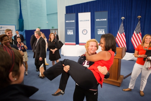 Mrs. Obama Is Lifted By US Wrestler Elena Pirozhkov