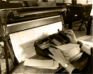 A close&#x2013;up view of a machine used to transfer responses on the 1940 form to punch cards.