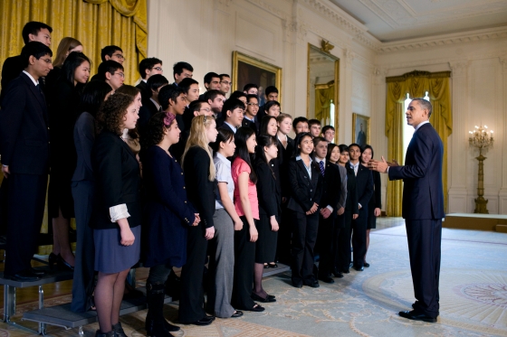 President Barack Obama talks with the 2011 Intel Science Talent Search finalists