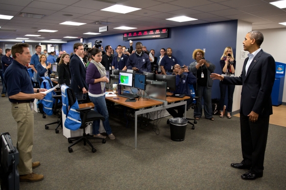 President Obama talks to employees at FEMA