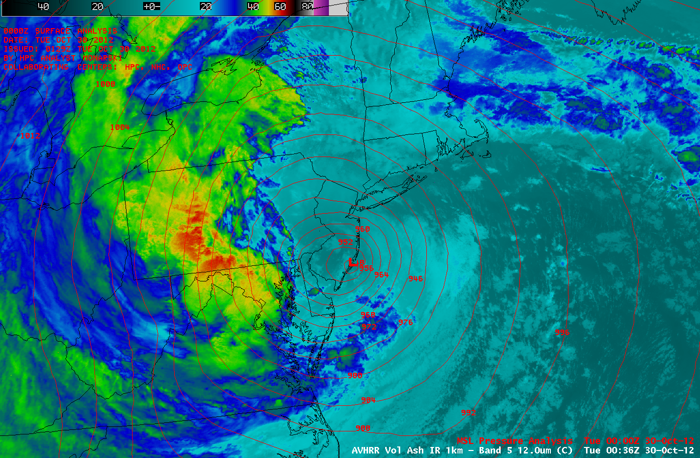 POES AVHRR 12.0 µm IR image with surface pressure analysis