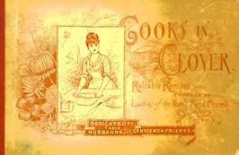 Graphic: cover ofthe Cooks in Clover book, with decorative plants and a woman in an apron rolling dough with a rolling pin.