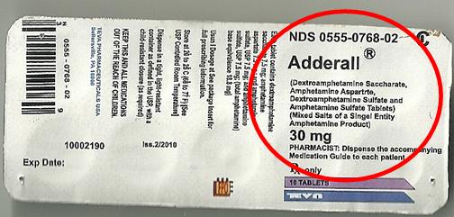 Counterfeit Adderall label. There are misspellings on the package as follows: "NDS” instead of “NDC”, “Aspartrte” instead of “Aspartate”, and “Singel” instead of “Single”