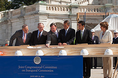 Speaker John Boehner and Congressional leaders review blueprints for the 2013 Presidential Inaugural Ceremonies on the West Front of the United States Capitol. Pictured left to right are Senator Chuck Schumer (D-NY), Senator Lamar Alexander (R-TN), Architect of the Capitol Stephen Ayers, Speaker Boehner, House Majority Leader Eric Cantor (R-VA), and House Democratic Leader Nancy Pelosi (D-CA). September 20, 2012. (Official Photo by Bryant Avondoglio)

---
This official Speaker of the House photograph is being made available only for publication by news organizations and/or for personal use printing by the subject(s) of the photograph. The photograph may not be manipulated in any way and may not be used in commercial or political materials, advertisements, emails, products, promotions that in any way suggests approval or endorsement of the Speaker of the House or any Member of Congress.