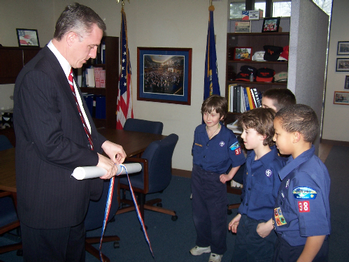 The St. Bernard Cub Scout Pack comes to meet Rep. Murphy at the district office and present him with a mural of American History they completed as part of a Pack project.