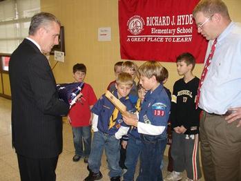 Congressman Murphy presents a U.S. flag flown over the Capitol to Cub Scout Pack 333 at Hyde Elementary School in Moon Township.