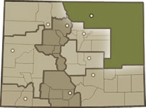 Map of Colorado highlighting the North Central High Plains region